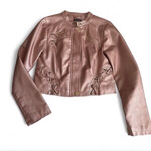 Venus Light Pink Rose Gold Metallic Faux Leather Criss Cross Detail Moto Jacket